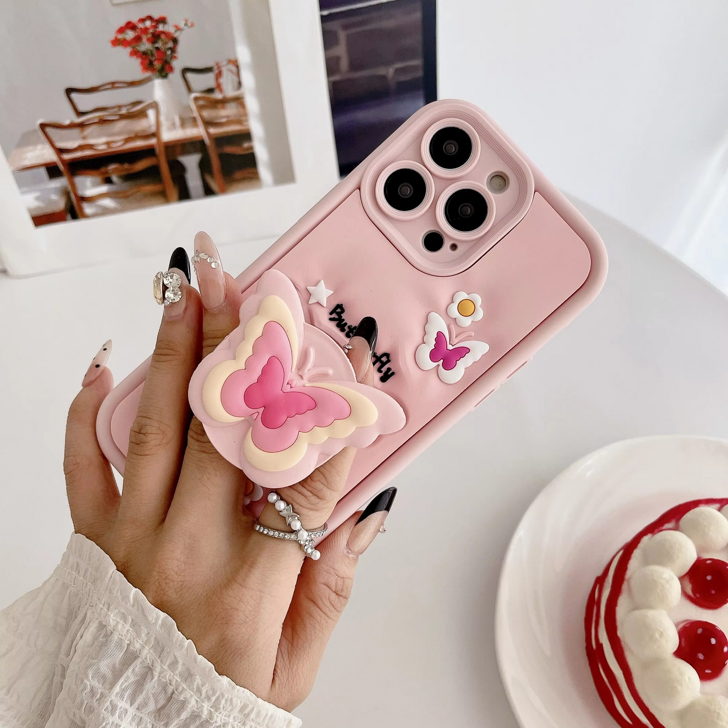 Lovely 3D Butterfly Folding Stand Bracket Phone Case For iPhone 15 Pro Max